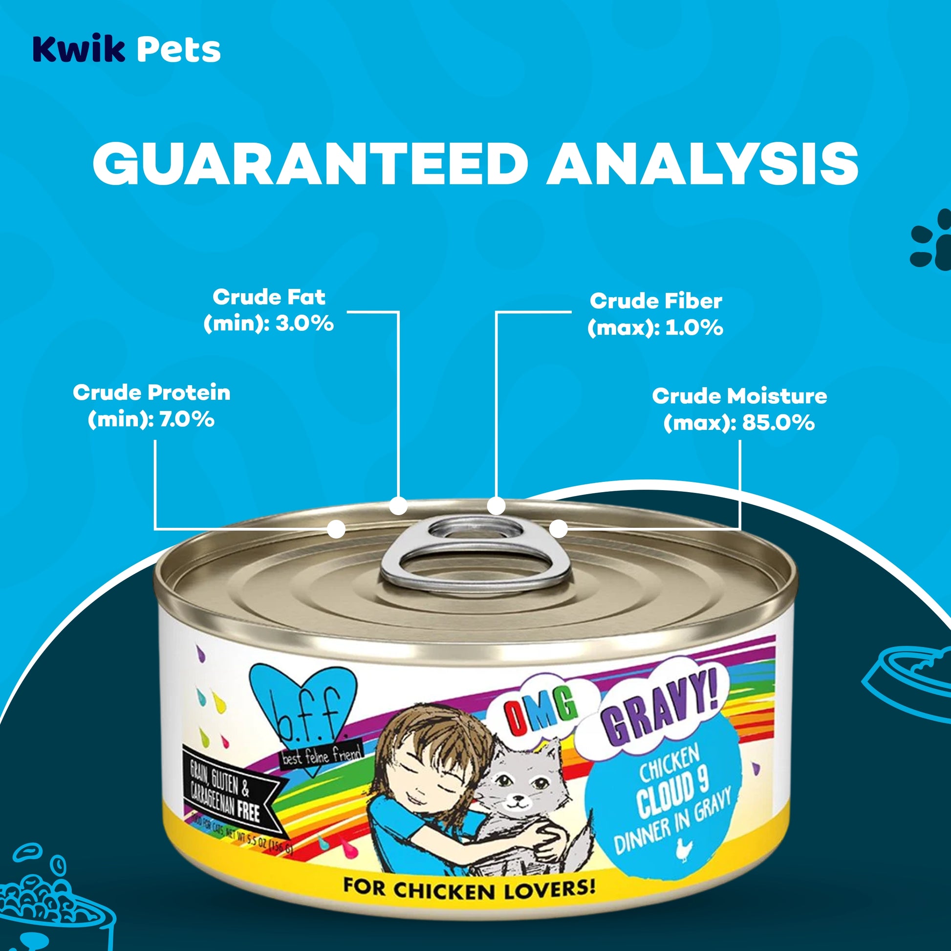 Guaranteed Analysis info of Weruva B.F.F. OMG Chicken Cloud 9 Dinner in Gravy Wet Cat Food 5.5-oz