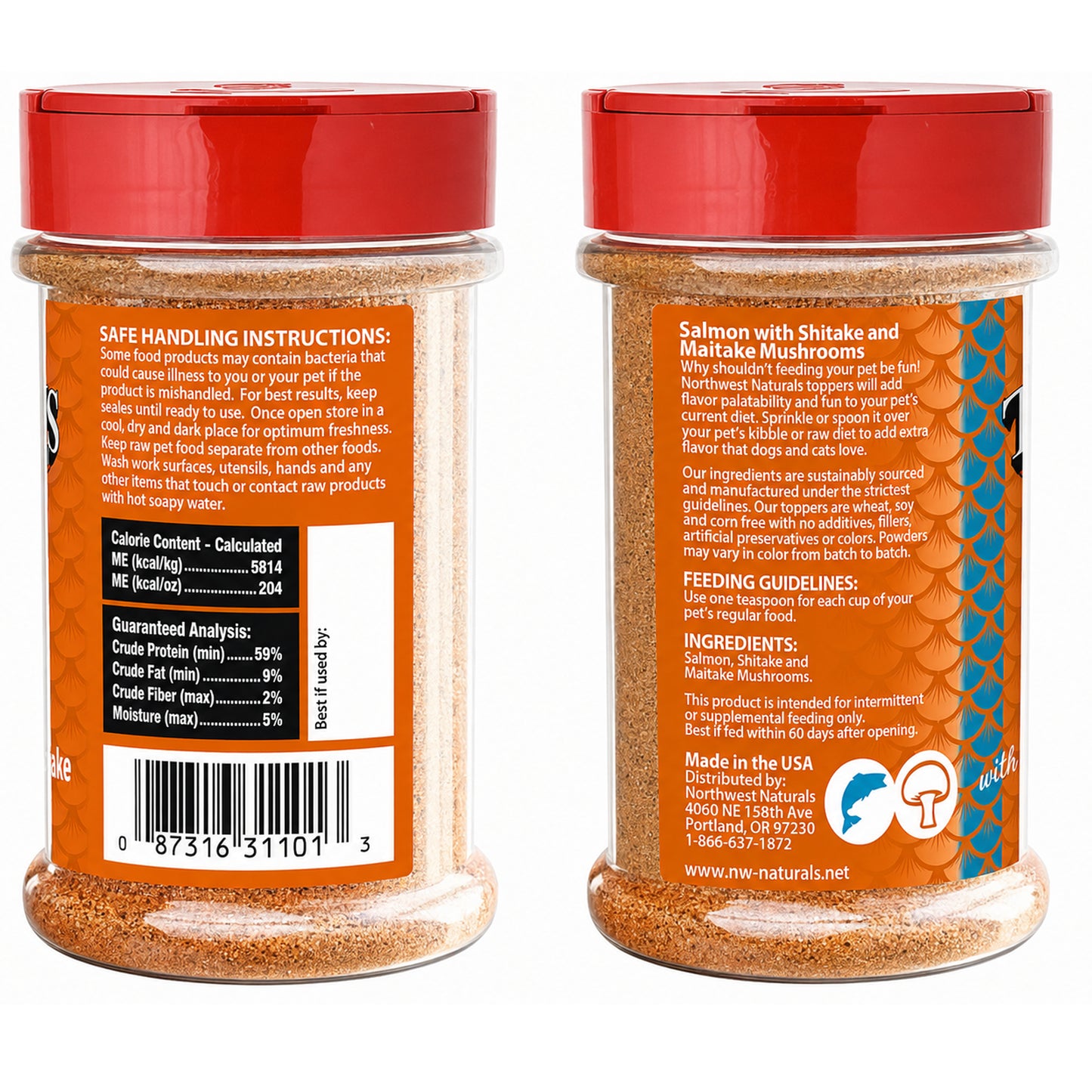 Back of Northwest Naturals Functional Freeze Dried Dog & Cat Food Topper Salmon with Shiitake & Maitake Mushrooms 3.5-oz