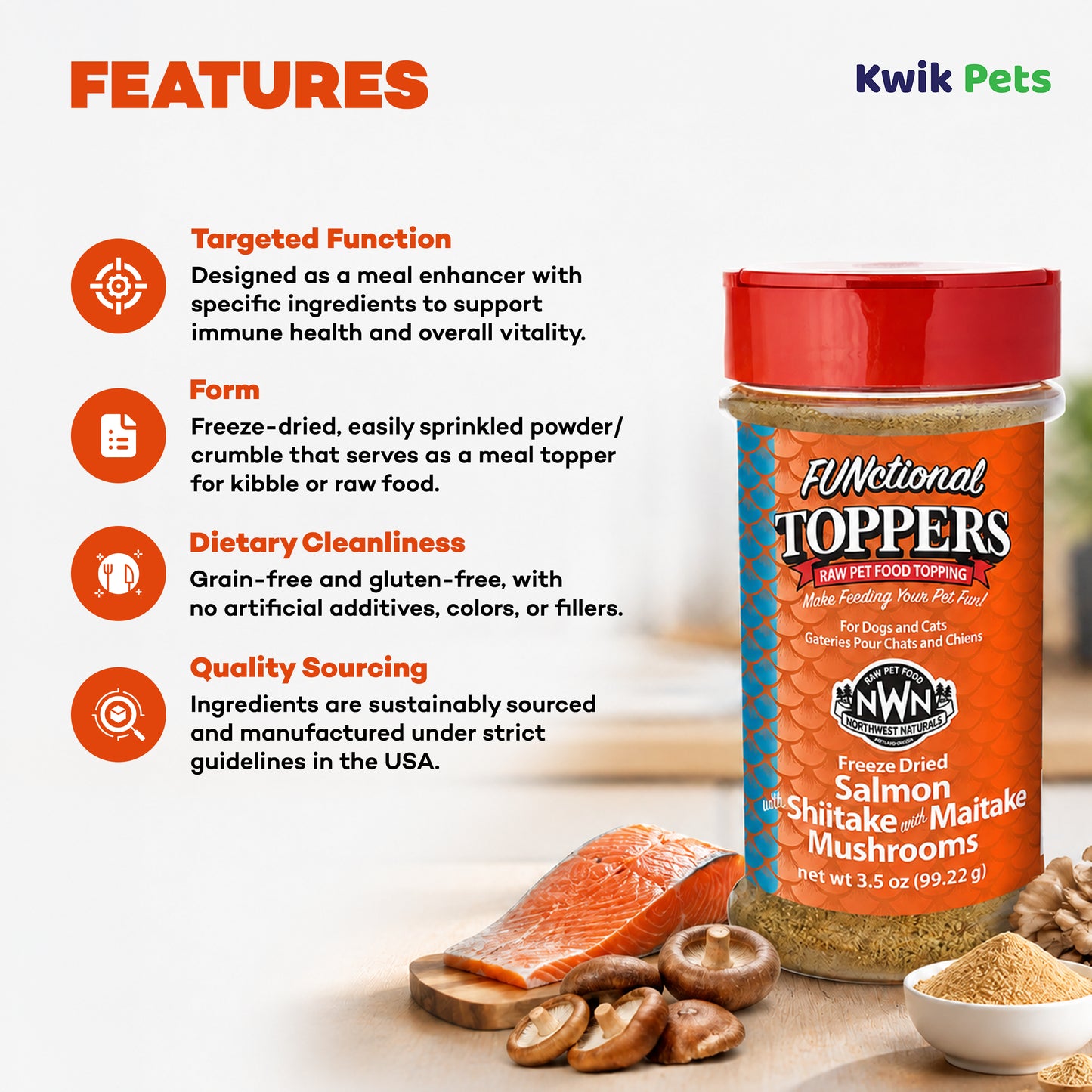 Feature of Northwest Naturals Functional Freeze Dried Dog & Cat Food Topper Salmon with Shiitake & Maitake Mushrooms 3.5-oz