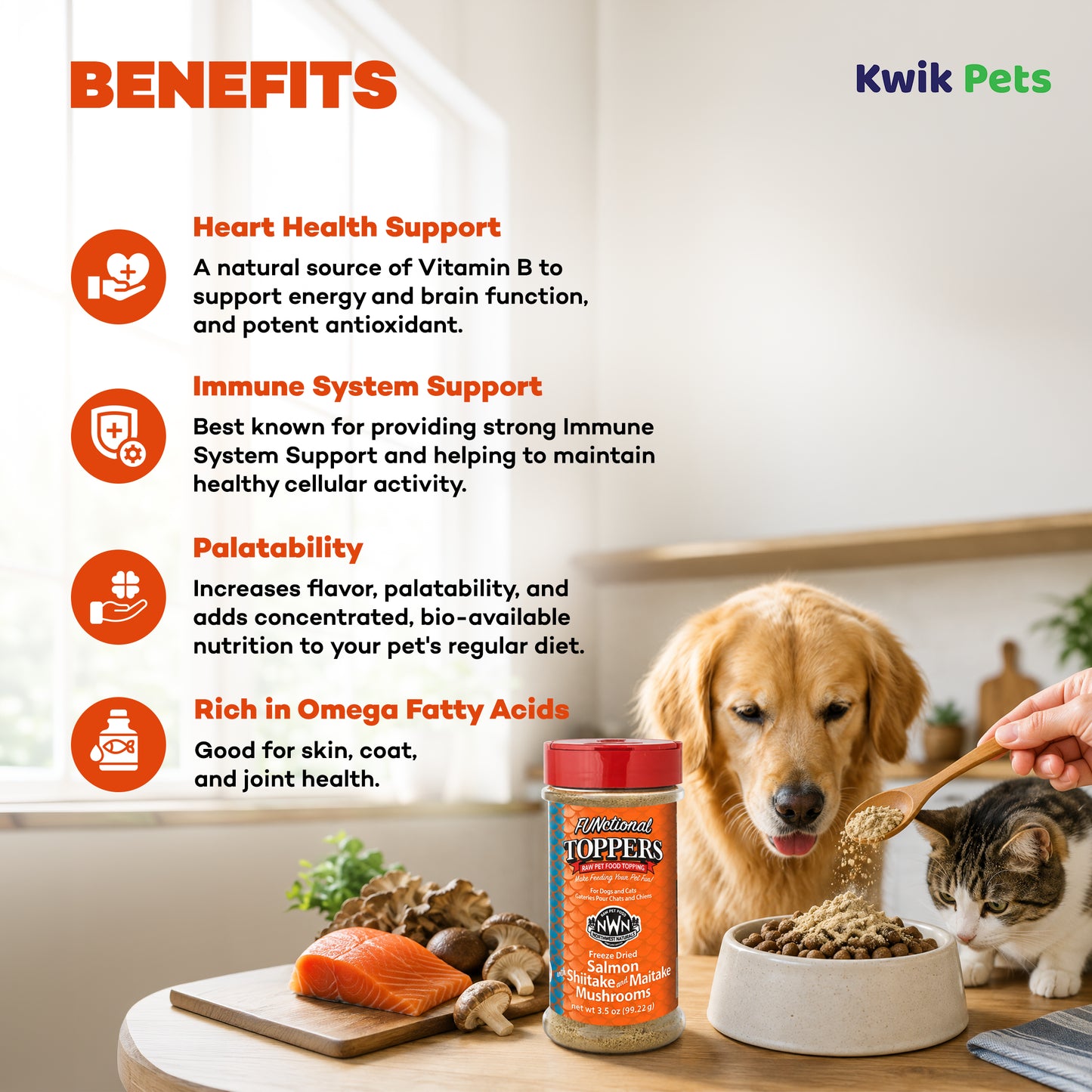 Benefits of Northwest Naturals Functional Freeze Dried Dog & Cat Food Topper Salmon with Shiitake & Maitake Mushrooms 3.5-oz