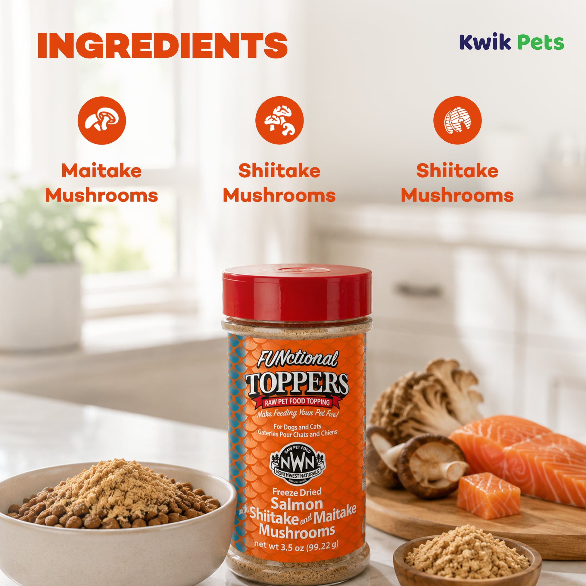 Ingredients of Northwest Naturals Functional Freeze Dried Dog & Cat Food Topper Salmon with Shiitake & Maitake Mushrooms 3.5-oz