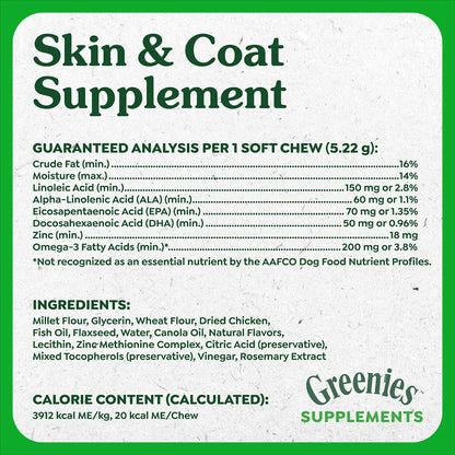 Ingredients & Guaranteed-Analysis of Greenies Skin & Coat Food Supplement Soft Chews for Adult Dogs Chicken Flavor 40 Count 7.37-oz