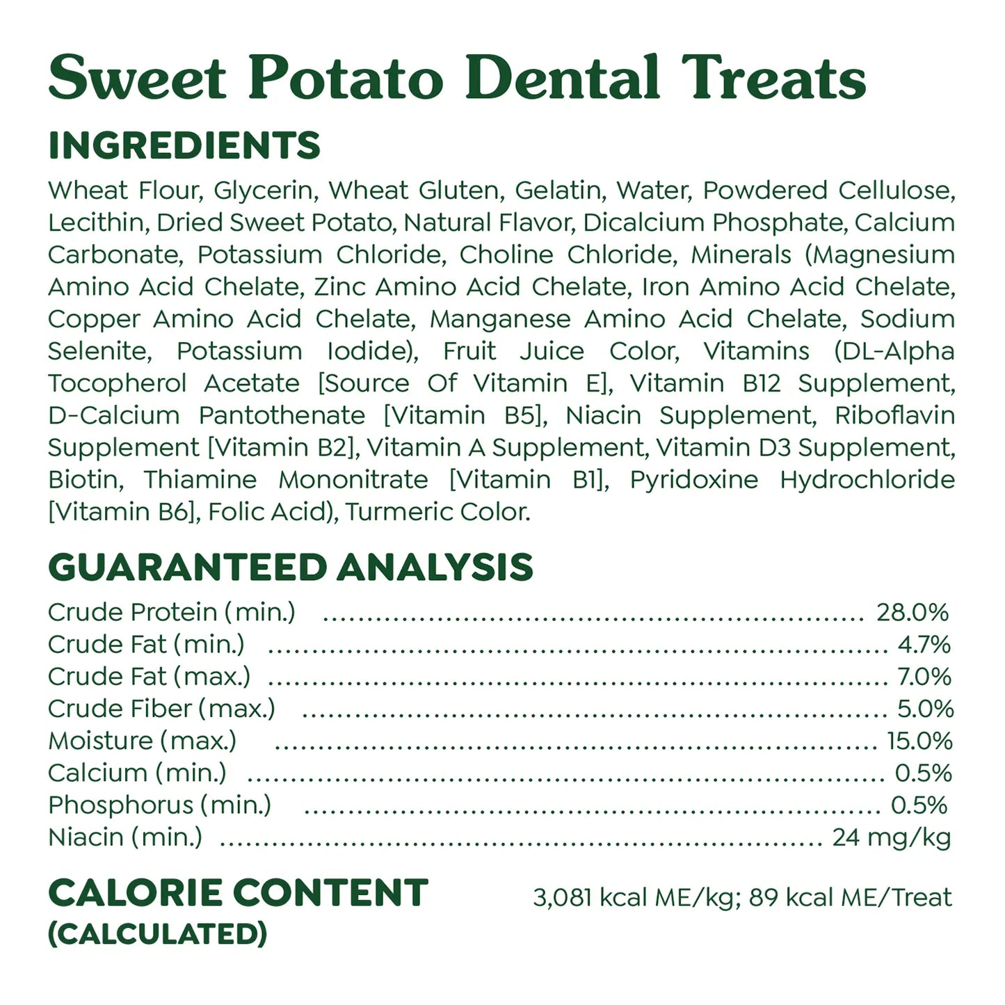 Ingredients & Guaranteed-Analysis of Greenies Sweet Potato Dog Dental Treats Regular 12-oz 12 Count