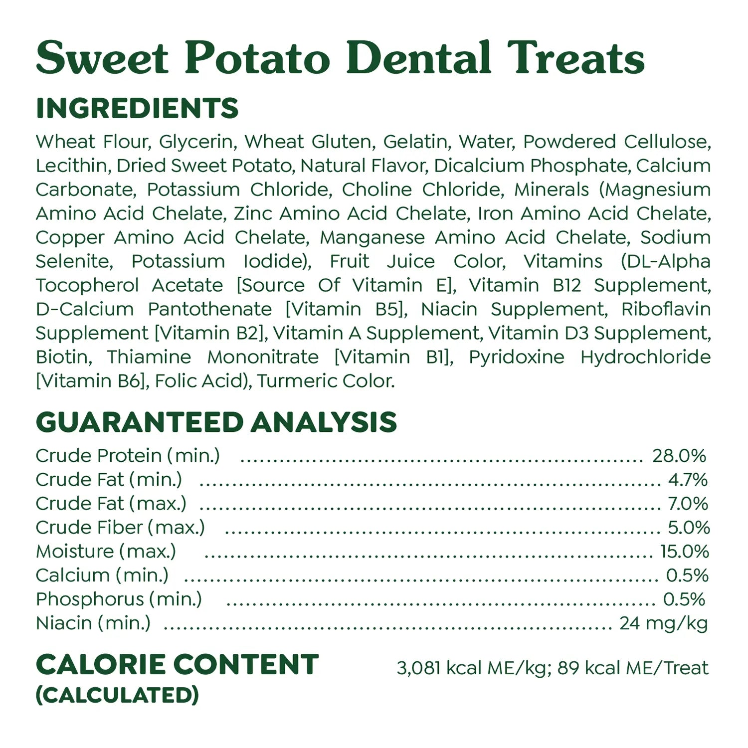 Ingredients & Guaranteed-Analysis of Greenies Sweet Potato Dog Dental Treats Regular 12-oz 12 Count