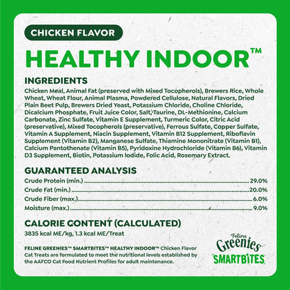Ingredients & Guaranteed-Analysis of Greenies Feline SmartBites Healthy Indoor Chicken Cat Treats 2.1-oz