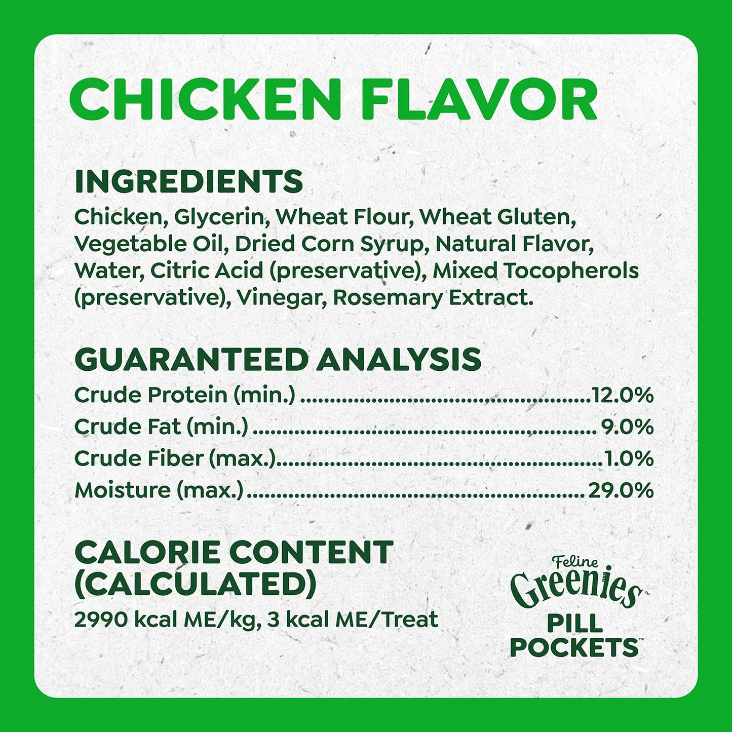 Ingredients & Guaranteed-Analysis of Greenies Feline Pill Pockets Cat Treats Chicken 3-oz 85 Count