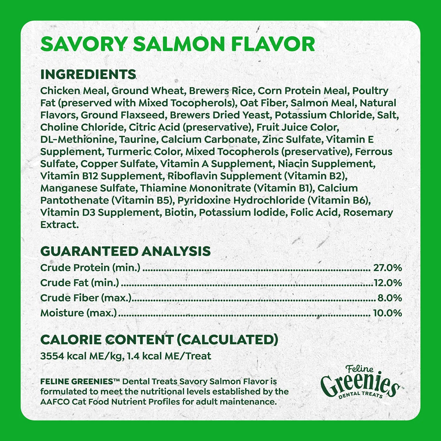 Ingredients & Guaranteed-Analysis of Greenies Feline Savory Salmon Adult Cat Dental Treats 21-oz