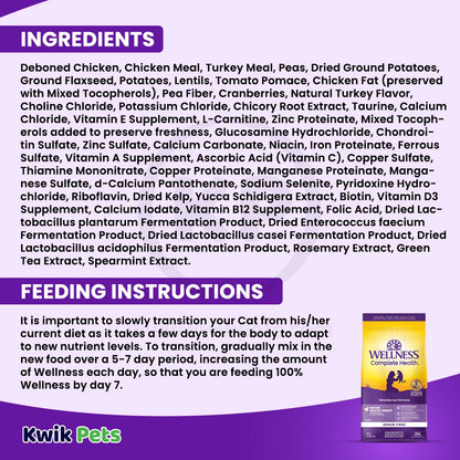 Ingredients info & Feeding Instructions of Wellness Complete Health Grain-Free Indoor Healthy Weight Adult Dry Cat Food Deboned Chicken & Turkey Meal Recipe 5.5-lb