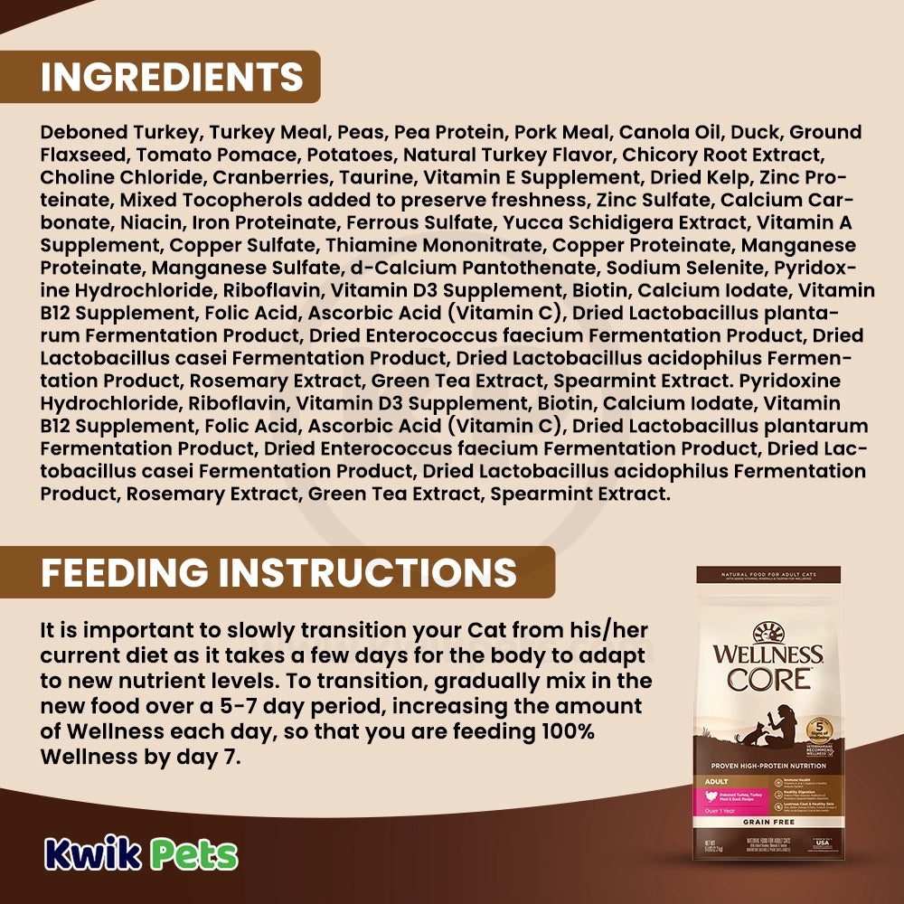 Ingredients info & Feeding Instructions of Wellness CORE Grain-Free Adult Dry Cat Food Turkey, Turkey Meal & Duck Recipe 5-lb