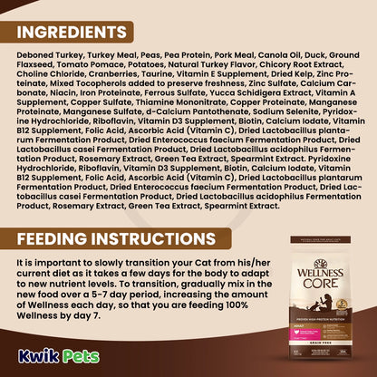 Ingredients info & Feeding Instructions of Wellness CORE Grain-Free Adult Dry Cat Food Turkey, Turkey Meal & Duck Recipe 5-lb
