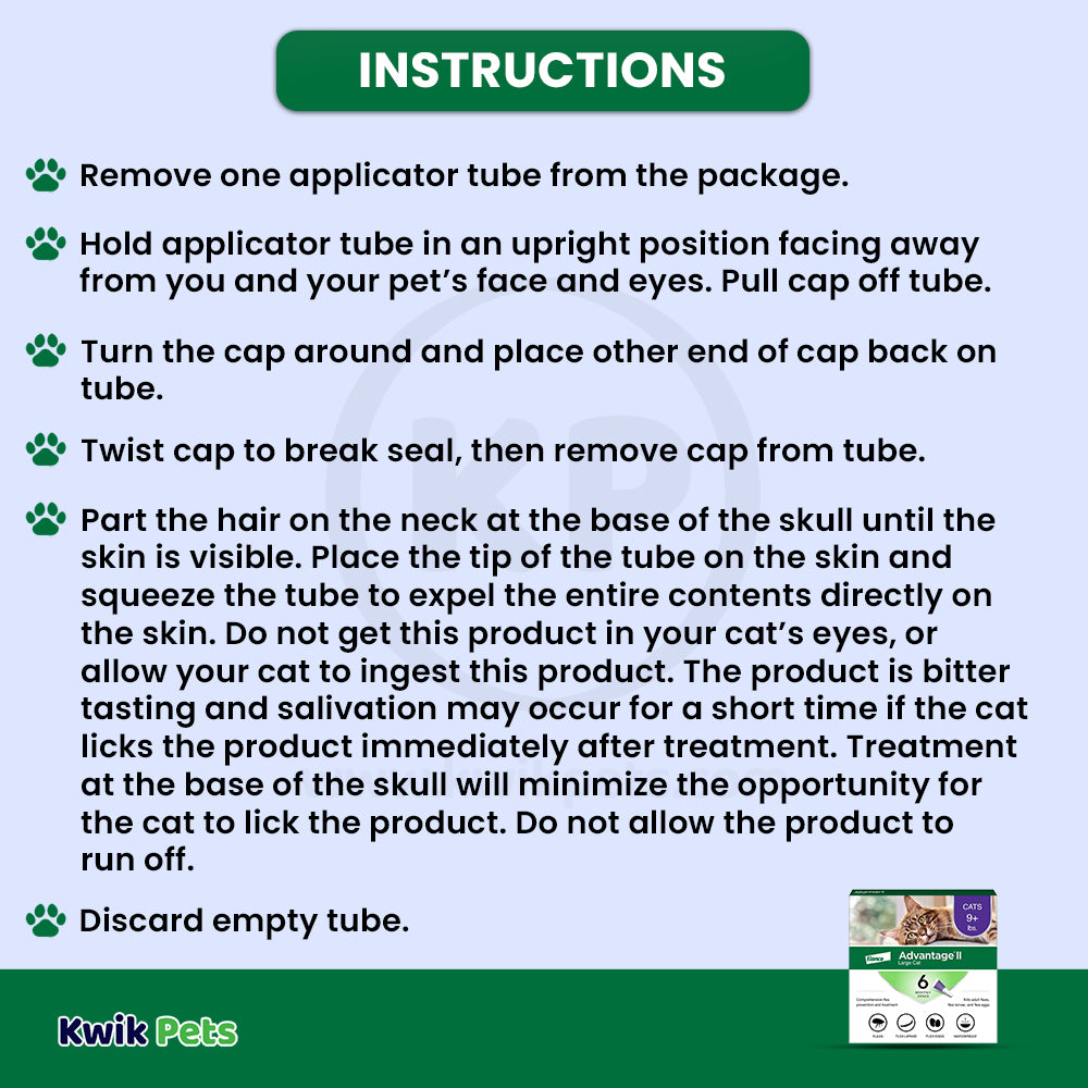 Usages Instructions of Elanco Advantage II 6-Month Supply Topical Flea Treatment & Prevention for Large Cats Over 9 lbs