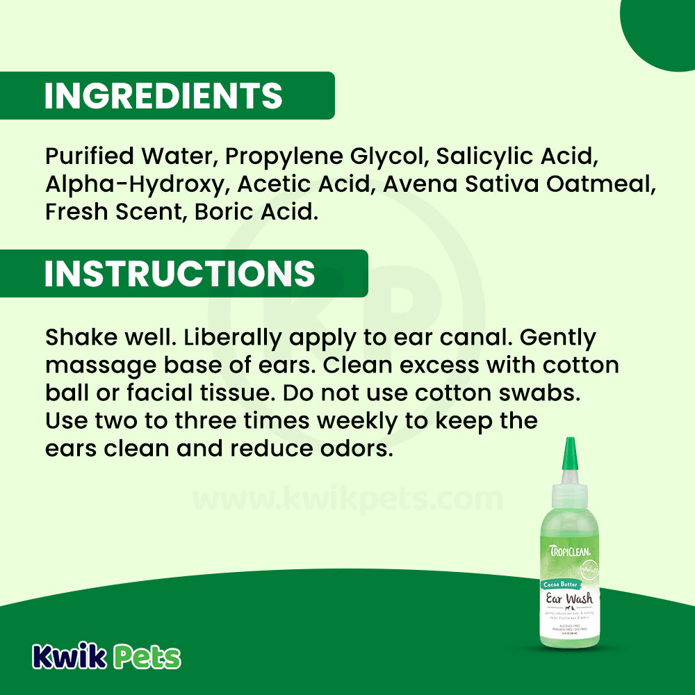Ingredients info & Usages Instructions of TropiClean Alcohol Free Ear Wash for Dogs & Cats 4-oz