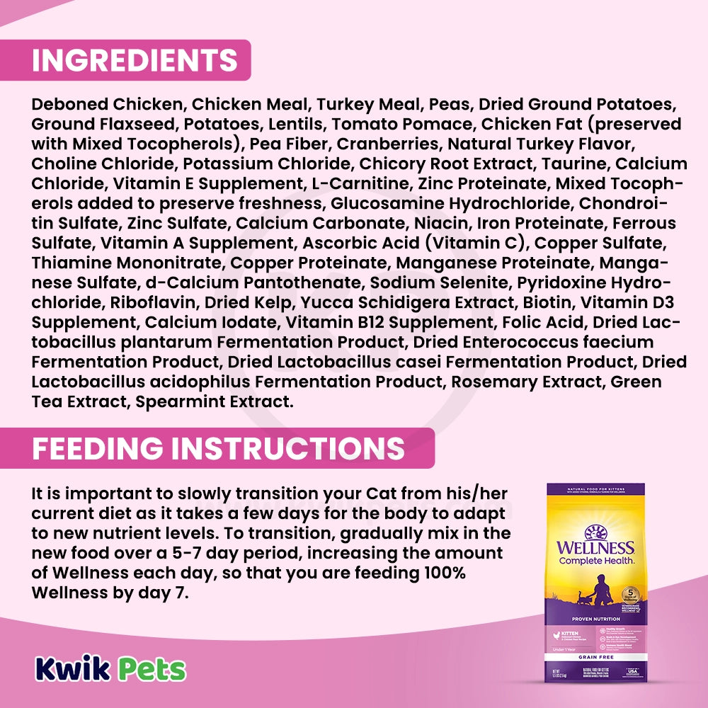 Ingredients info & Feeding Instructions of Wellness Complete Health Grain-Free Kitten Dry Cat Food Deboned Chicken & Chicken Meal Recipe 5.5-lb