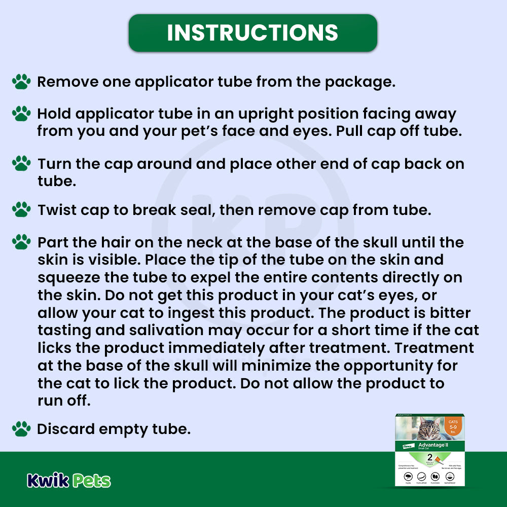 Usages Instructions of Elanco Advantage II 2-Month Supply Topical Flea Treatment & Prevention for Small Cats 5-9 lbs