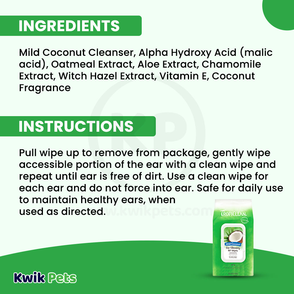 Ingredients info & Usage instructions of TropiClean Mild Coconut Deodorizing Ear Cleaning Wipes for Dogs & Cats 50 Count