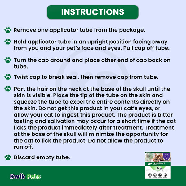 Usages Instructions of Elanco Advantage II 4-Month Supply Topical Flea Treatment & Prevention for Large Cats Over 9 lbs