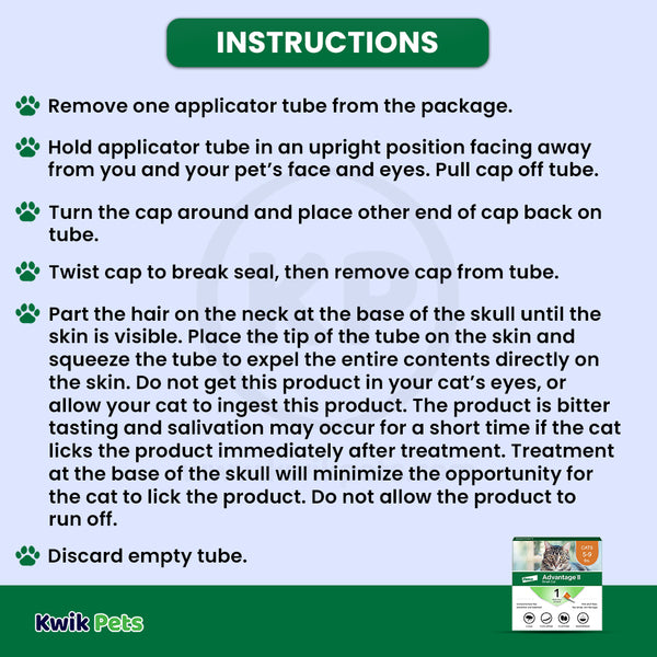 Usages Instructions of Elanco Advantage II 1-Month Supply Topical Flea Treatment & Prevention for Small Cats 5-9 lbs