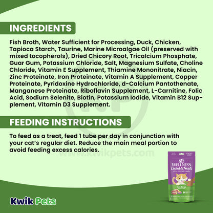 Ingredients info  & Feeding Instructions of Wellness Puree Natural Grain-Free Lickable Cat Treats Duck 6 Count 2.53-oz