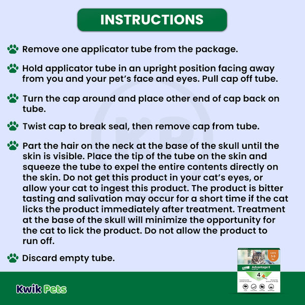Usages Instructions of Elanco Advantage II 4-Month Supply Topical Flea Treatment & Prevention for Small Cats 5-9 lbs