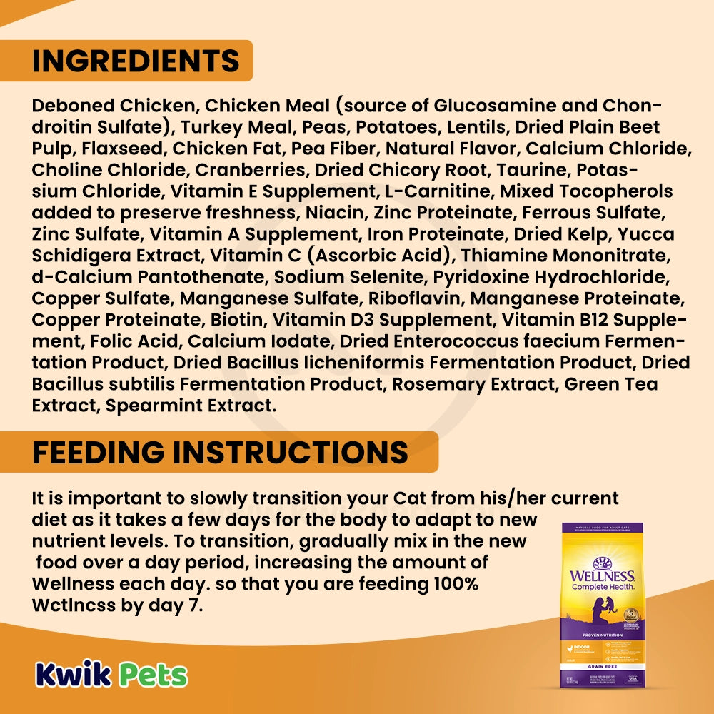 Ingredients info & Feeding Instructions of Wellness Complete Health Grain-Free Indoor Adult Dry Cat Food Deboned Chicken & Chicken Meal Recipe 5.5-lb