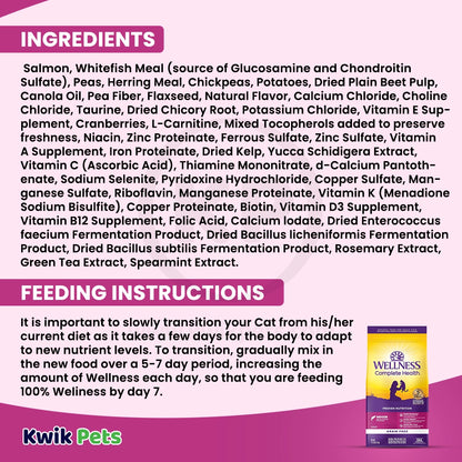 Ingredients info & Feeding Instructions of Wellness Complete Health Grain-Free Indoor Adult Dry Cat Food Salmon & Herring Meal Recipe 5.5-lb