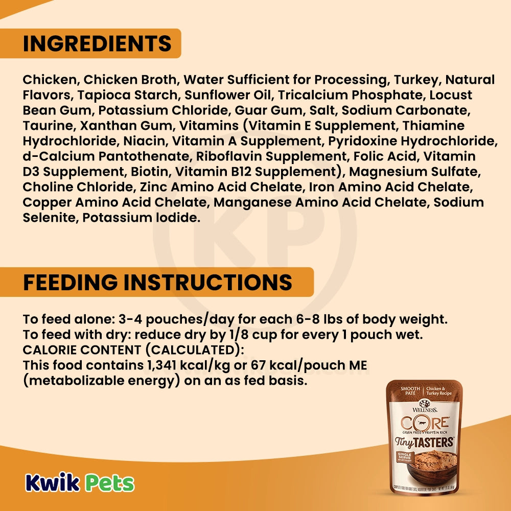 Ingredients info & Feeding Instructions of Wellness CORE Tiny Tasters Grain-Free Pate Wet Cat Food Chicken & Turkey 1.75-oz