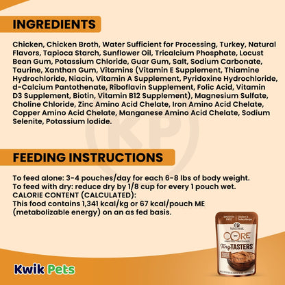 Ingredients info & Feeding Instructions of Wellness CORE Tiny Tasters Grain-Free Pate Wet Cat Food Chicken & Turkey 1.75-oz
