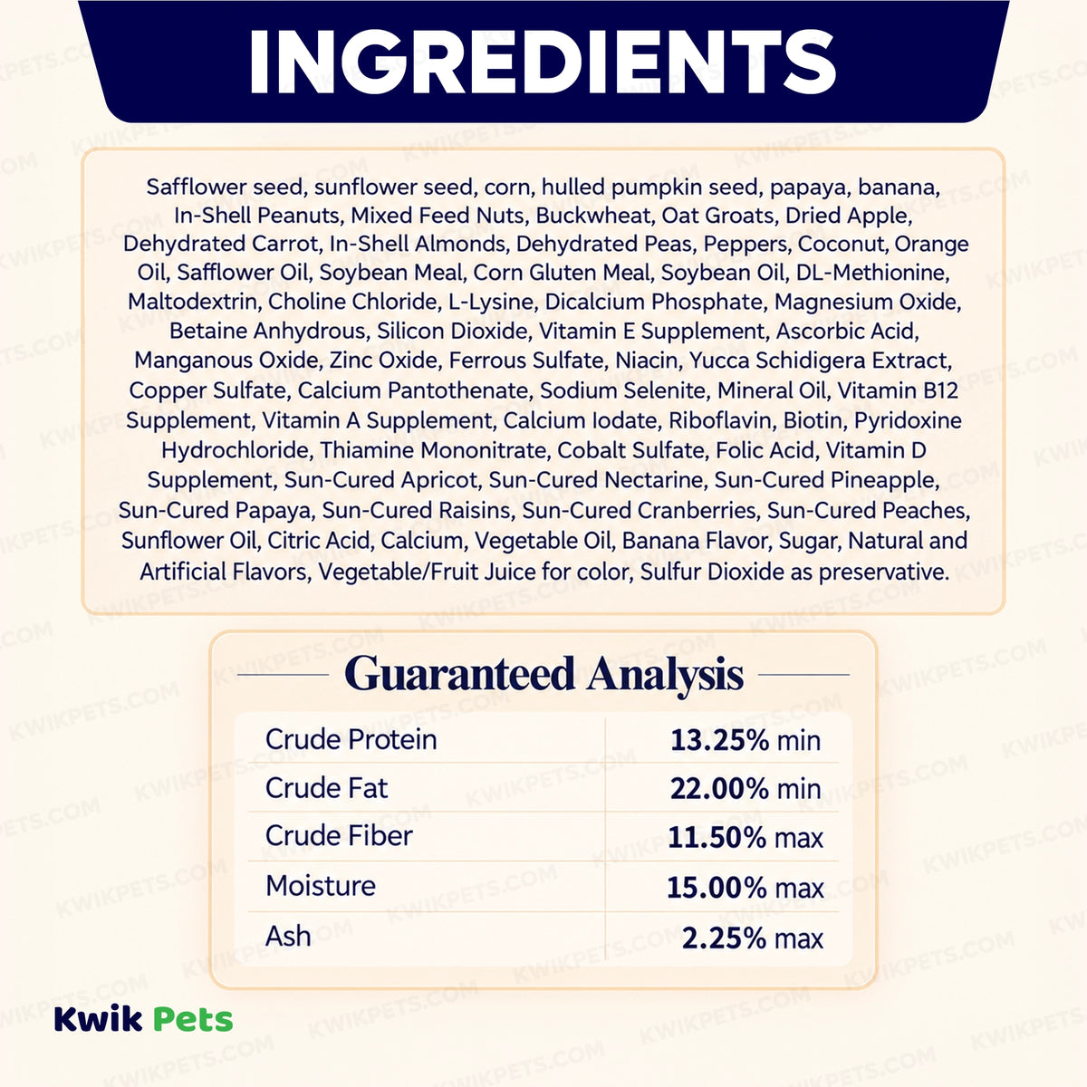  Ingredients info & Guaranteed Analysis of Volkman Seed Company Featherglow Large Parrot Treat 4-lb