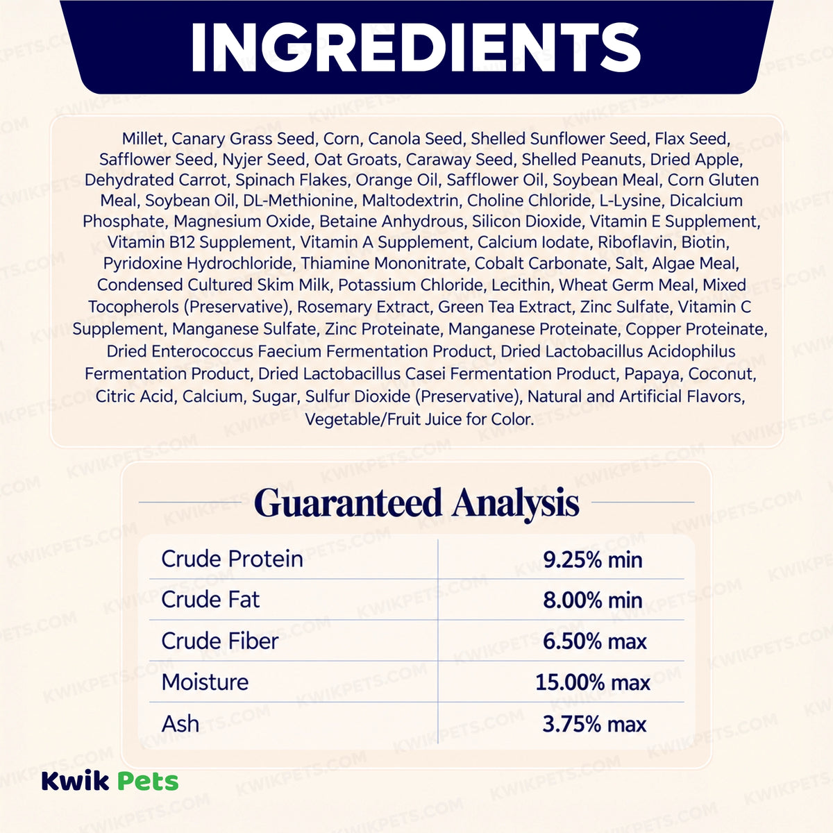 Ingredients info & Guaranteed Analysis of Volkman Seed Company Featherglow Parakeet Treat 4-lb