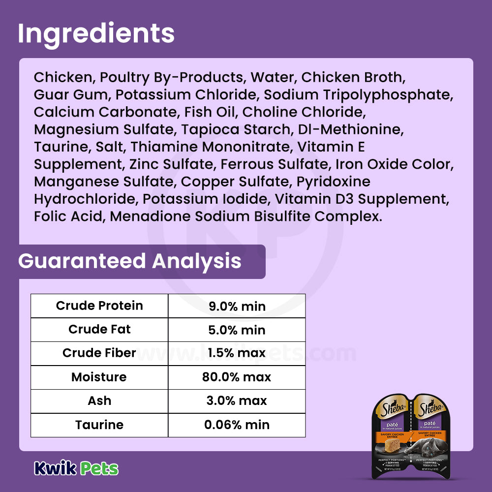 Ingredients info of Sheba Perfect Portions Pate Wet Cat Food Savory Chicken 2.6-oz
