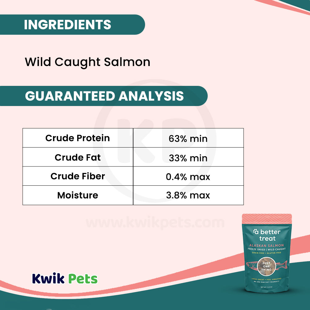Ingredients info & Guaranteed-Analysis of A Better Treat Just One Thing Freeze Dried Dog & Cat Treats Wild Caught Salmon 3-oz