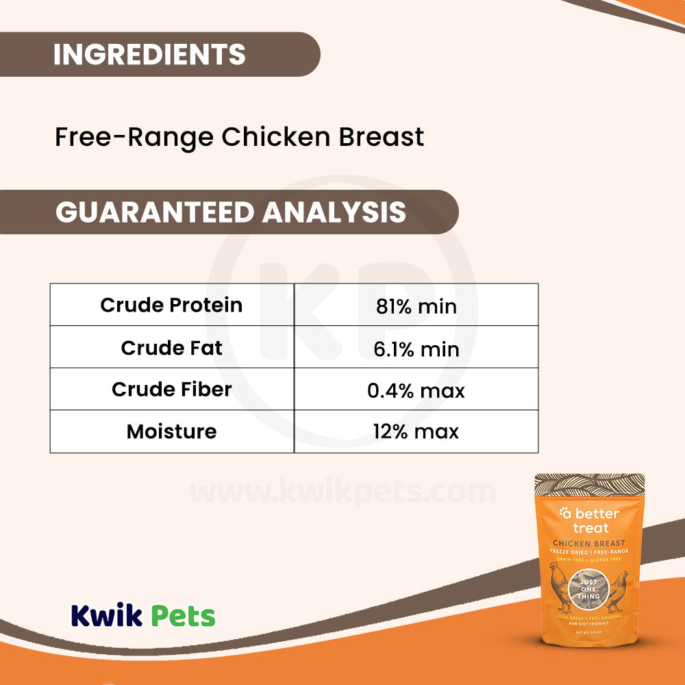 Ingredients & Guaranteed-Analysis of A Better Treat Just One Thing Freeze Dried Dog & Cat Treats Free Range Chicken Breast 3-oz 