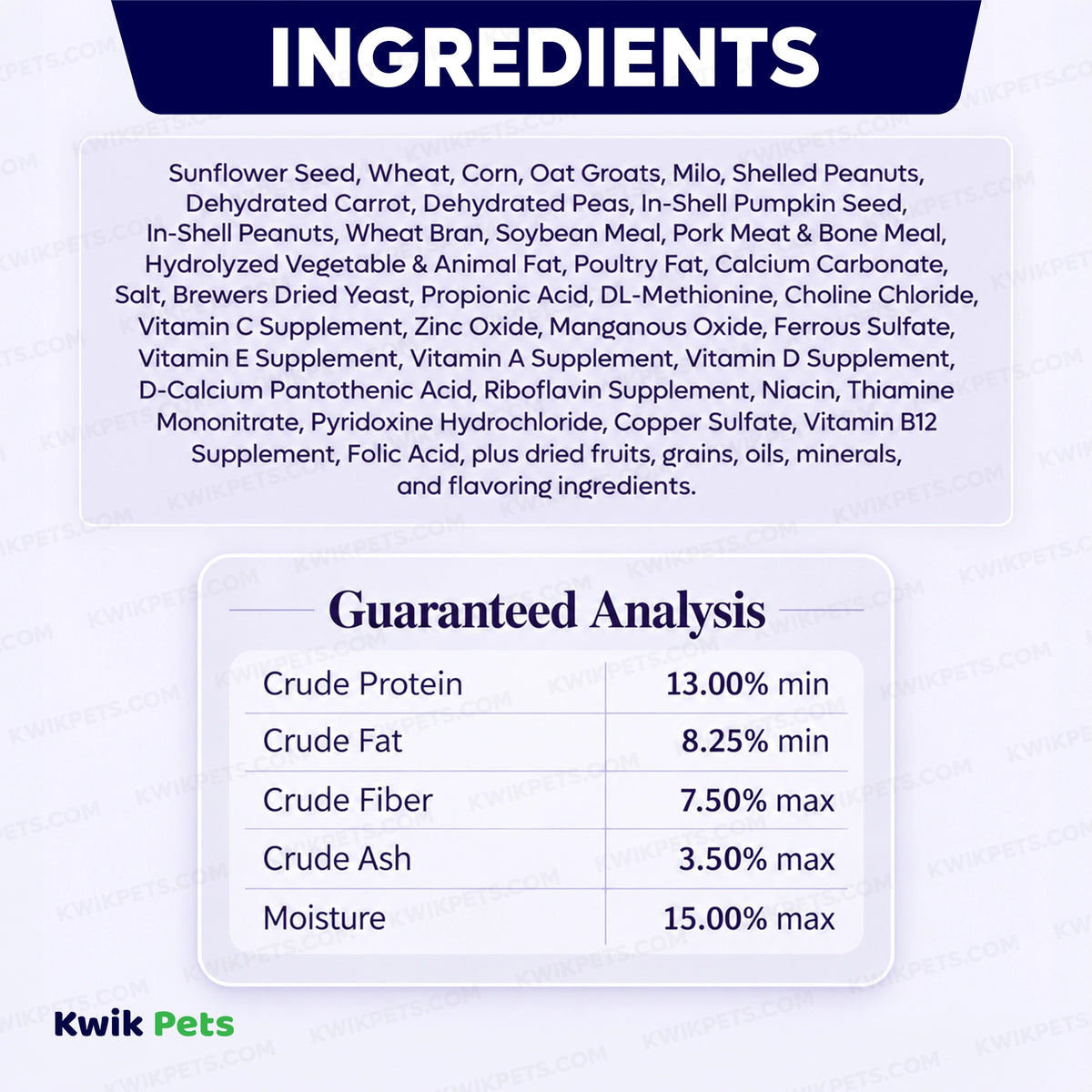 Ingredients info & Guaranteed Analysis of Volkman Seed Company Small Animal Rat & Mouse Menu Dry Food 4-lb