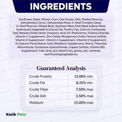 Ingredients info & Guaranteed Analysis of Volkman Seed Company Small Animal Rat & Mouse Menu Dry Food 4-lb