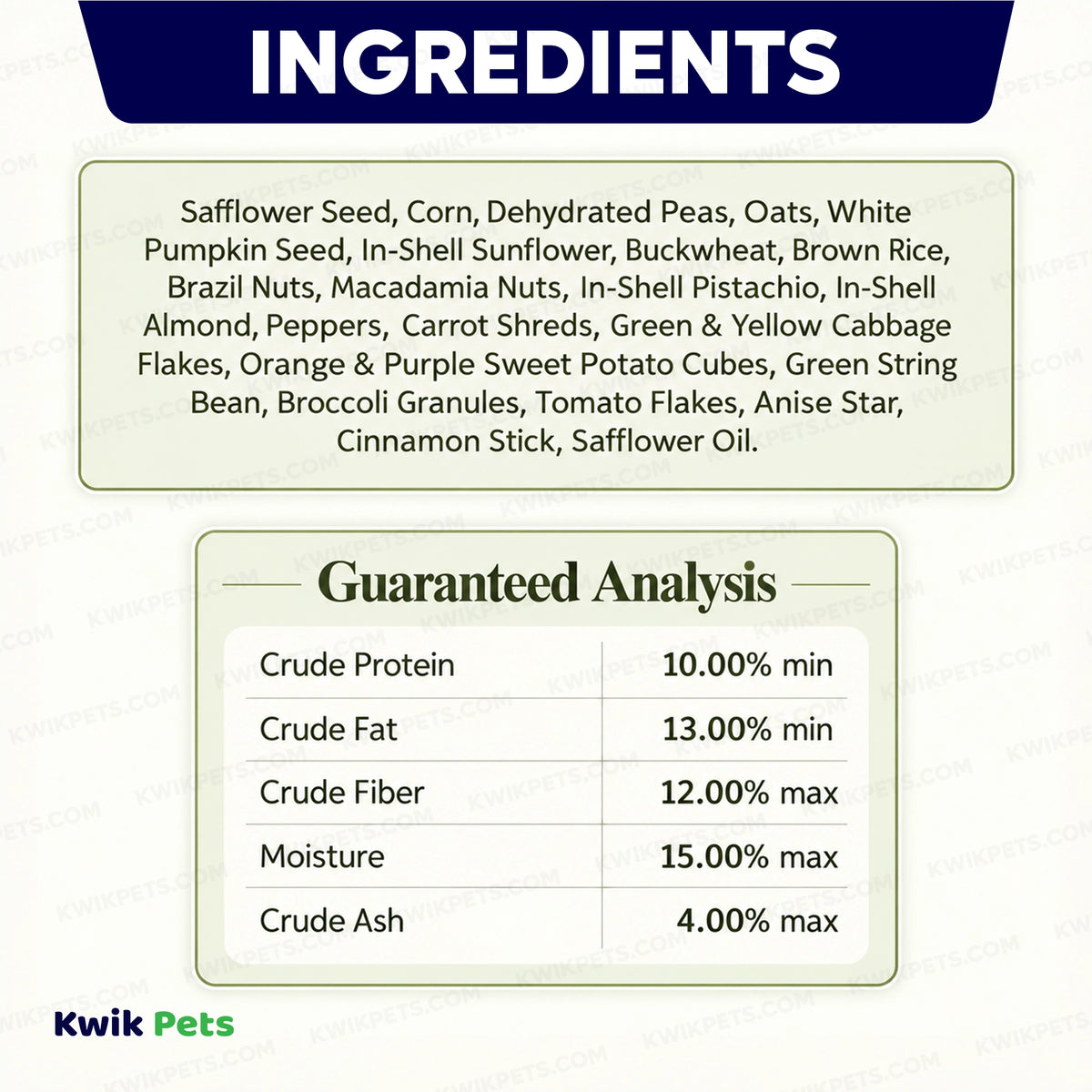  Ingredients info & Guaranteed Analysis of Volkman Seed Company Avian Naturals Large Parrot Bird Food 4-lb