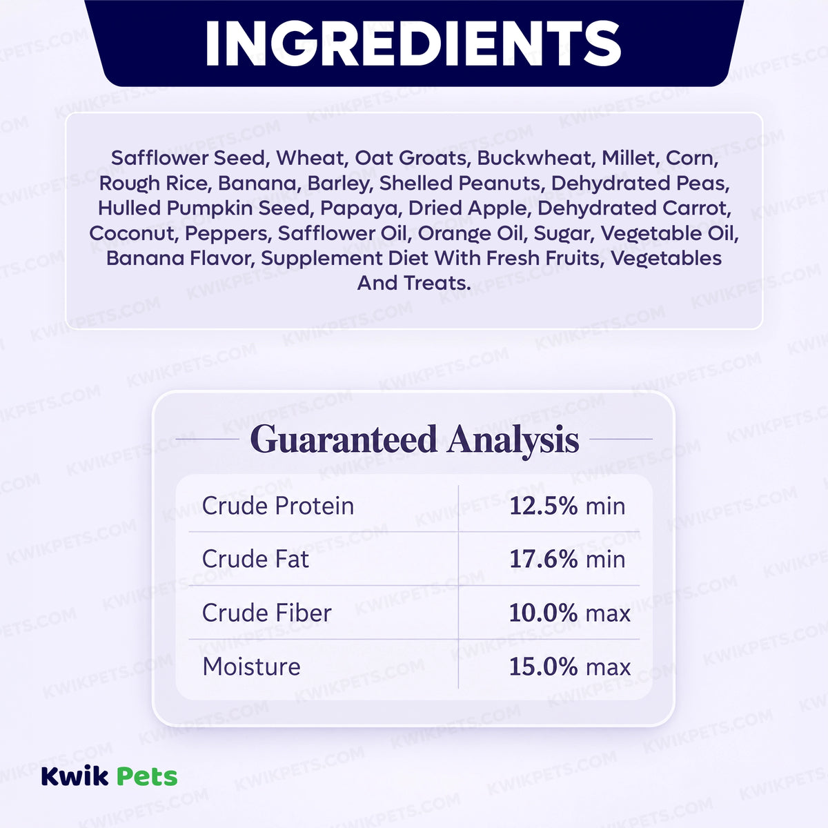  Ingredients info & Guaranteed Analysis of Volkman Seed Company Avian Science Super Hookbill Bird Treat 2-lb