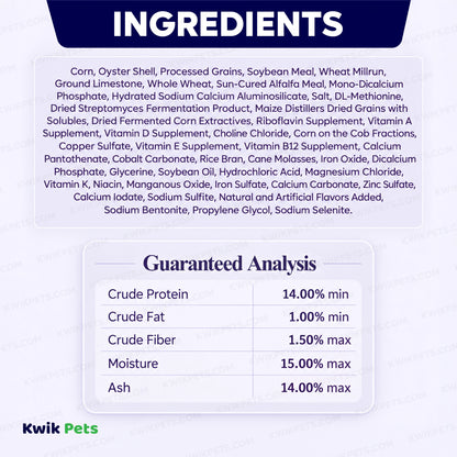 Ingredients info & Guaranteed Analysis of Volkman Seed Company Layer Pellet Blend Chicken Treat 8-lb