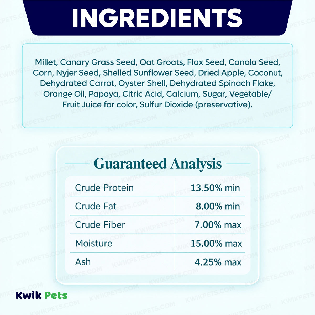  Ingredients info & Guaranteed Analysis of Volkman Seed Company Avian Science Super Parakeet Bird Treat 4-lb