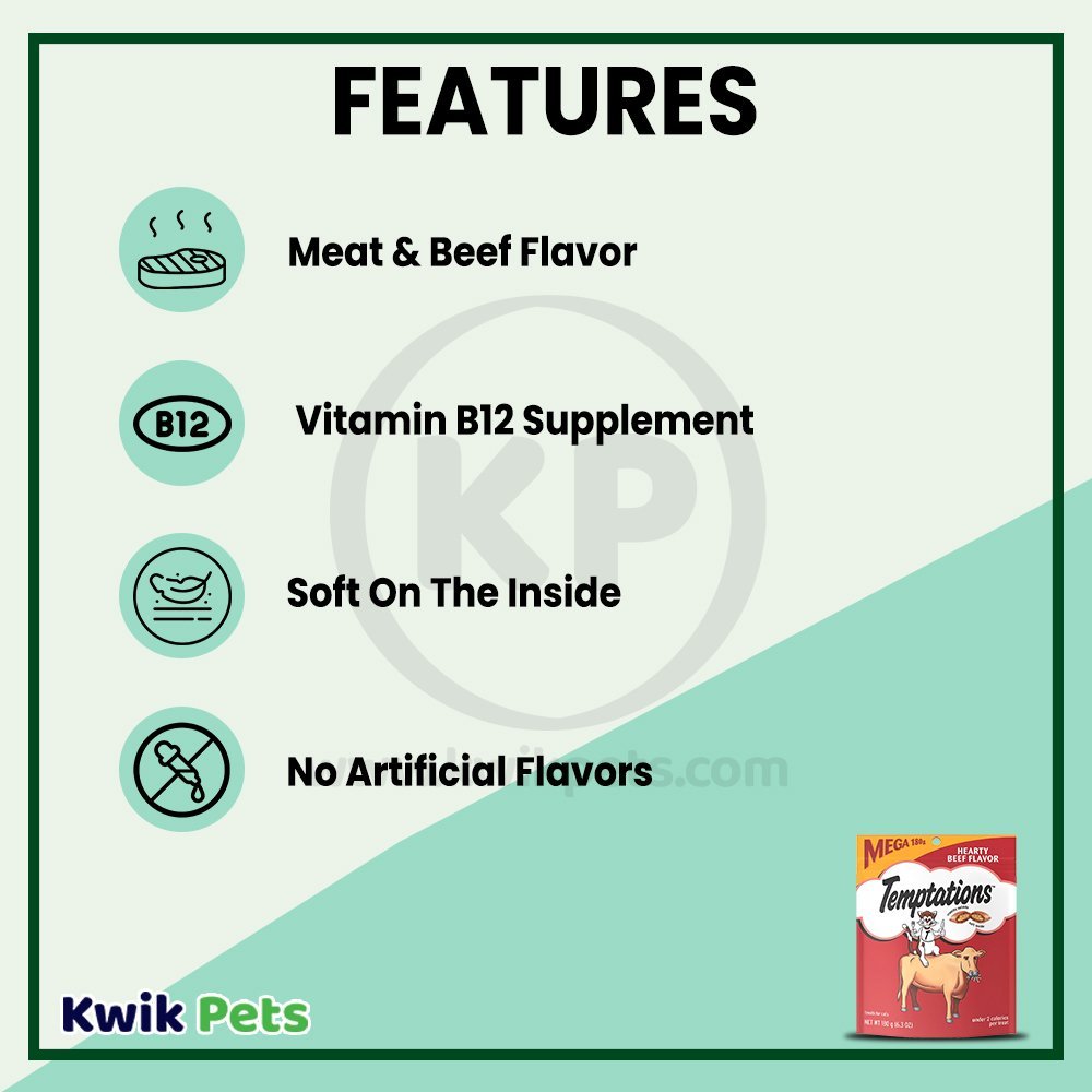 Features - Temptations Classics Crunchy & Soft Adult Cat Treats Hearty Beef 6.3-oz