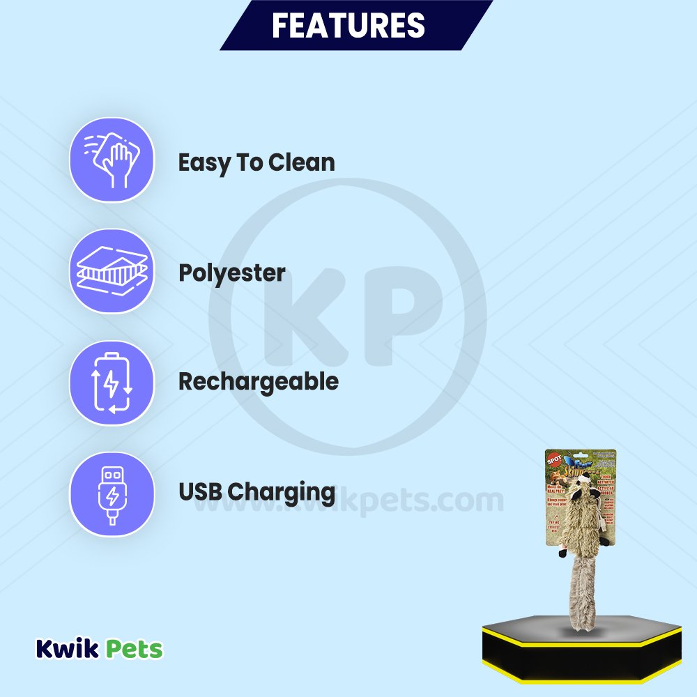 Features - Spot Flippin' Skinneeez Electronic Cat Toy Racoon, 15 in