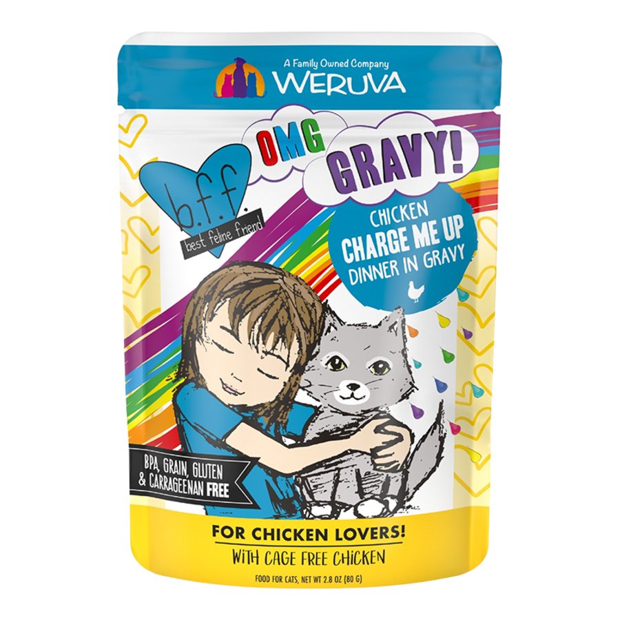 Weruva B.F.F. OMG Chicken Charge Me Up Dinner in Gravy Wet Cat Food Pouches 2.8-oz, Kwik Pets