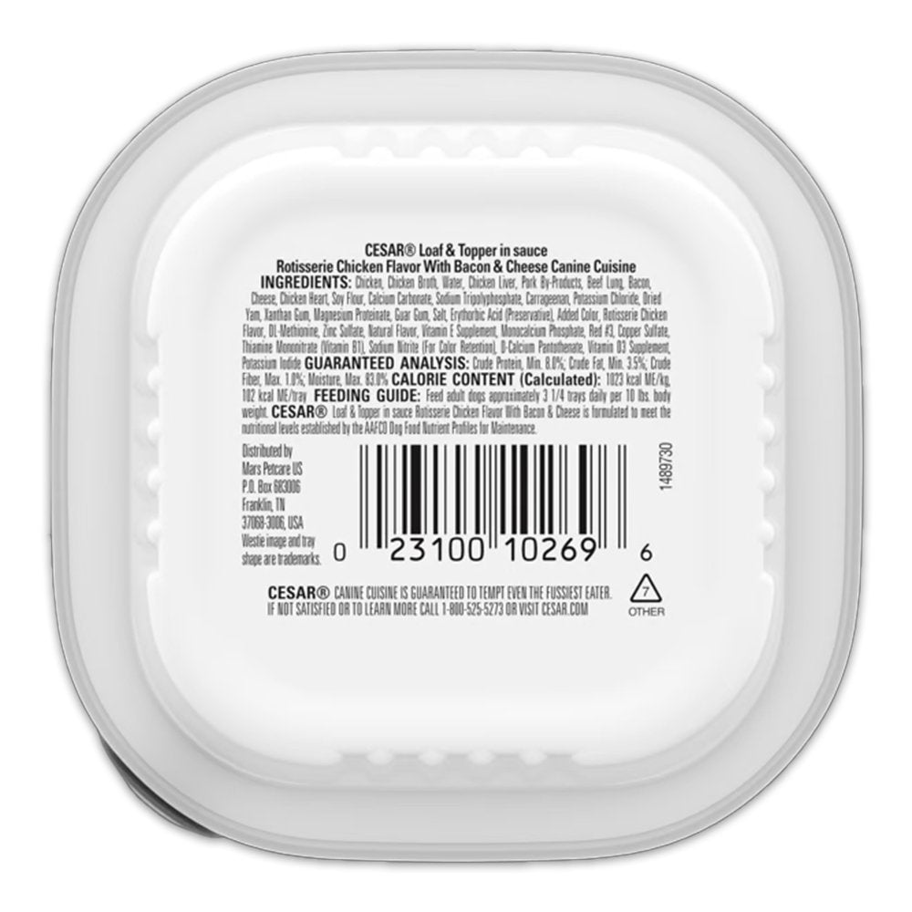 Cesar Loaf & Topper in Sauce Adult Wet Dog Food Rotisserie Chicken w/Bacon & Cheese 3.5-oz, Kwik Pets