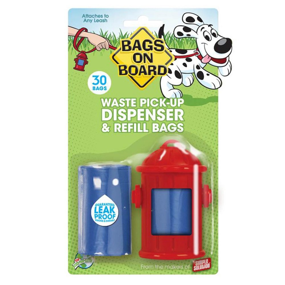 Bags on Board Fire Hydrant Waste Pick-up Bag Dispenser Red, Blue 2 Rolls Of 15 Pet Waste Bags, 9 In X 14 in, Bags on Board