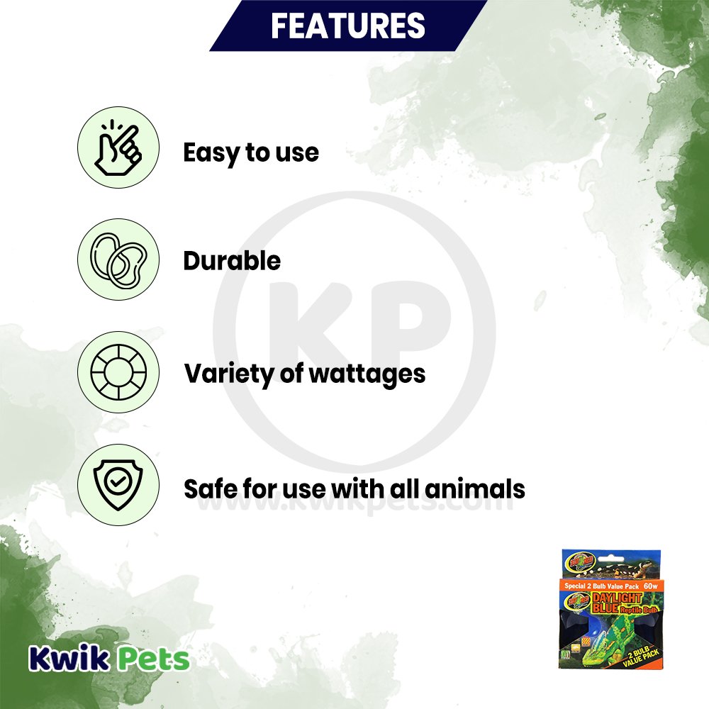 Zoo Med Daylight Blue Reptile Bulb 60W 2 Count, Kwik Pets
