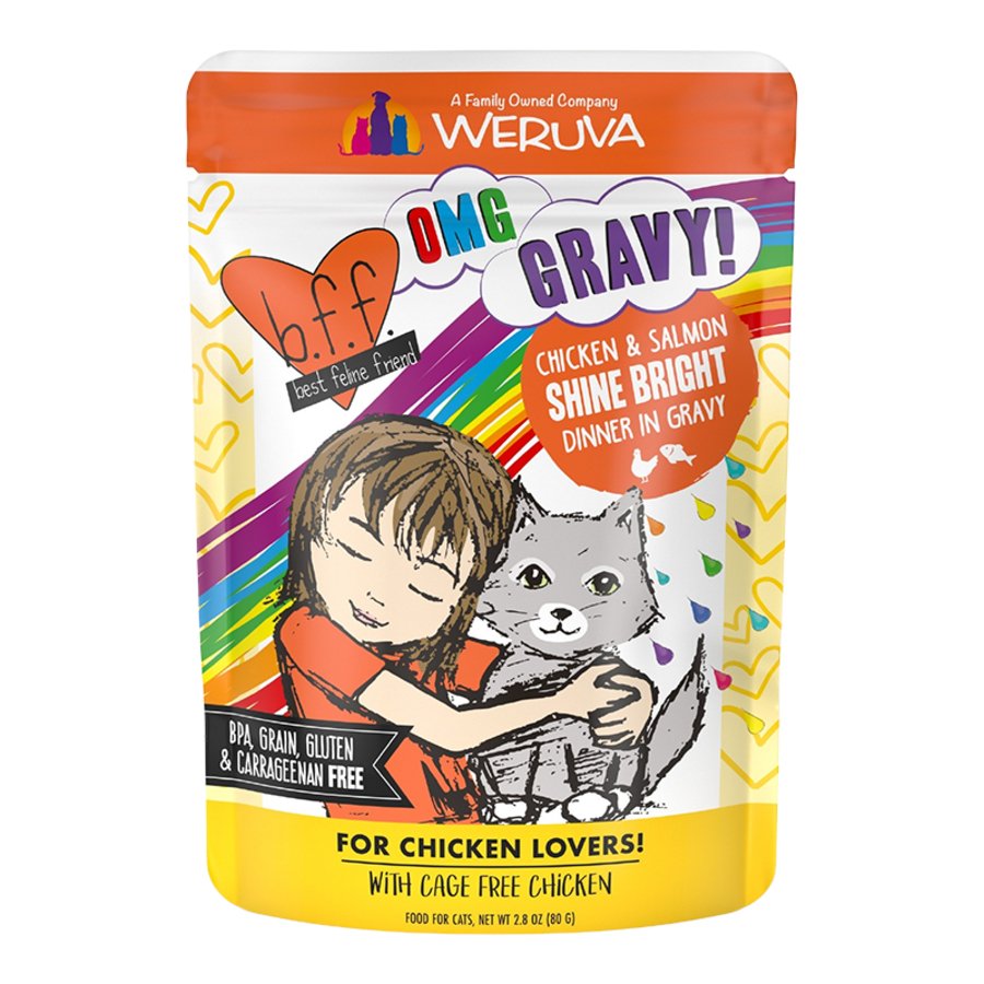 Weruva B.F.F. OMG Chicken & Salmon Shine Bright Dinner in Gravy Wet Cat Food Pouches 2.8-oz, Kwik Pets