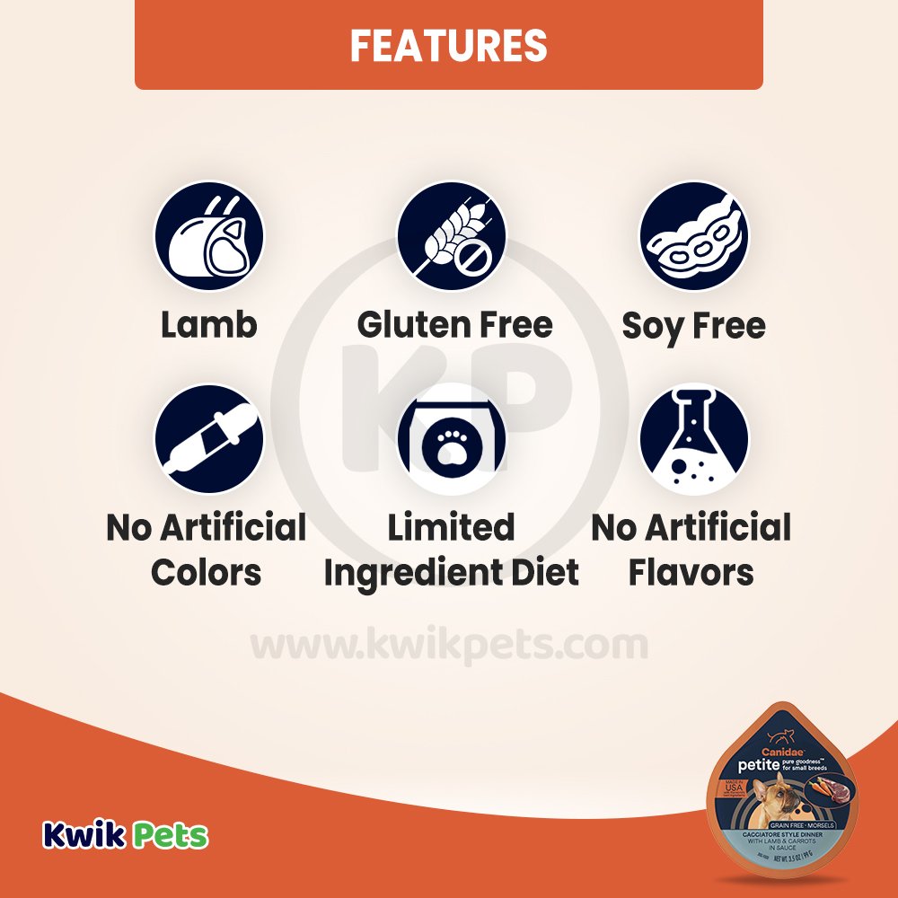 Features of CANIDAE PURE Goodness Petite Small Breed Grain-Free Canned Dog Food Morsels w/Lamb & Carrots 3.5-oz