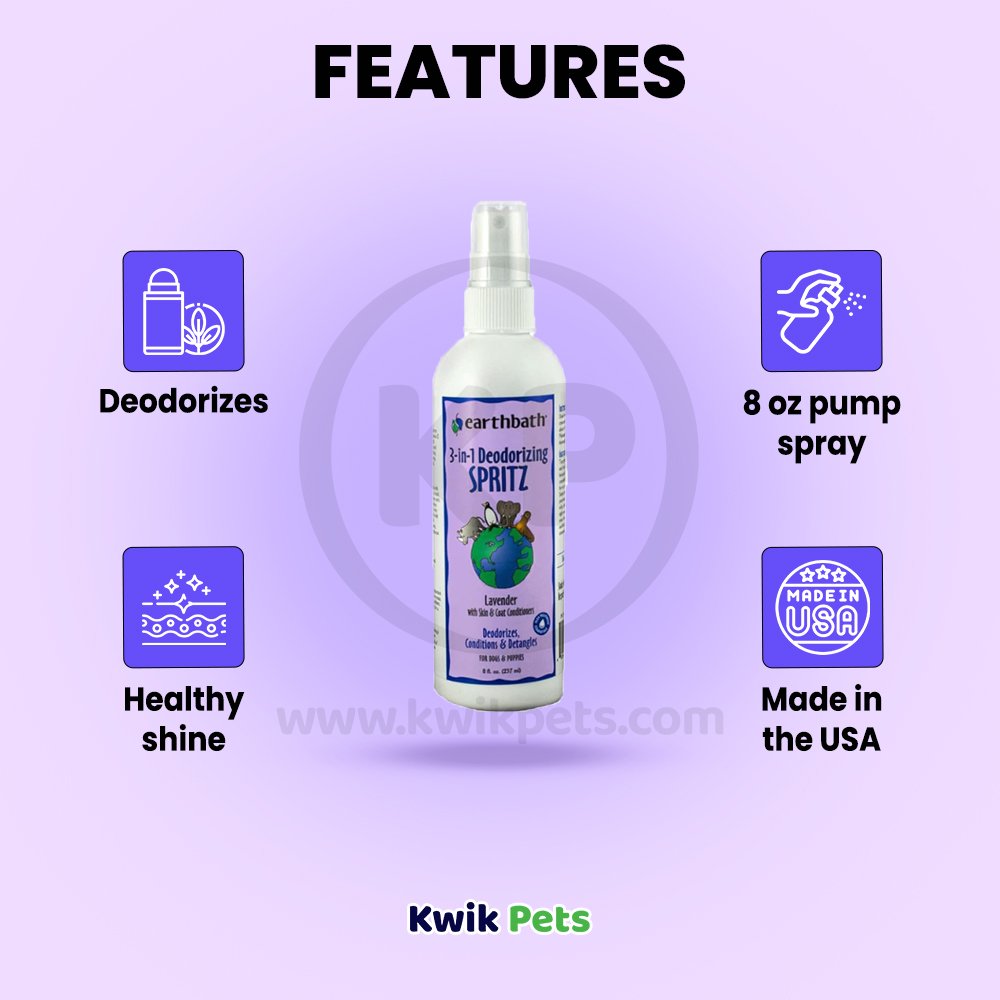Features of Earthbath 3-in-1 Deodorizing Spritz for Dogs Lavender 8-oz