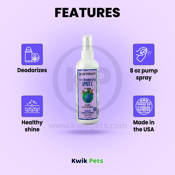 Features of Earthbath 3-in-1 Deodorizing Spritz for Dogs Lavender 8-oz