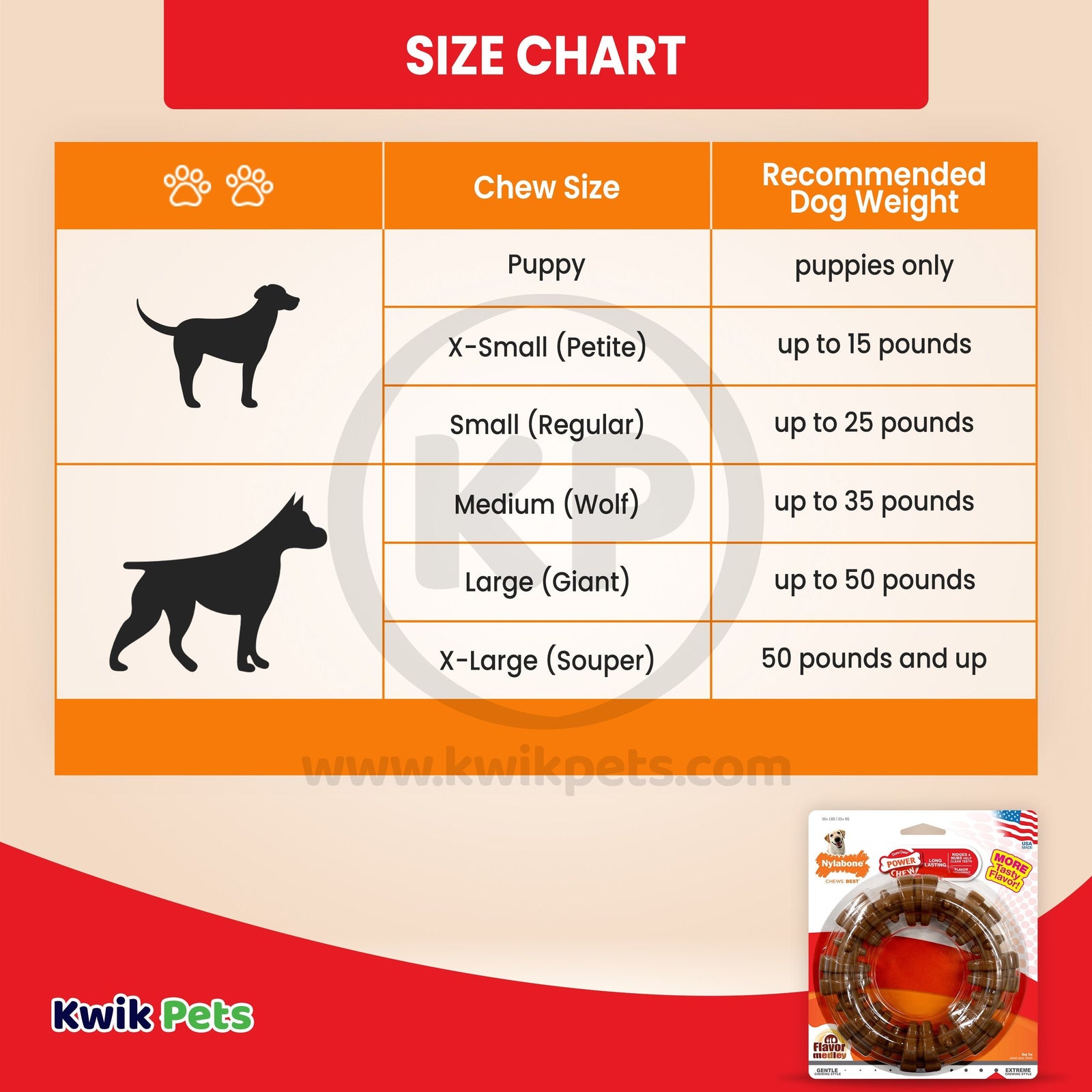 Size Chart of Nylabone Power Chew Textured Ring Dog Toy Medley Flavor XL/Souper - 50+ lbs