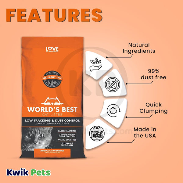 Features - World's Best Cat Litter Low Tracking & Dust Control Multiple Cat Unscented Formula 8-lb